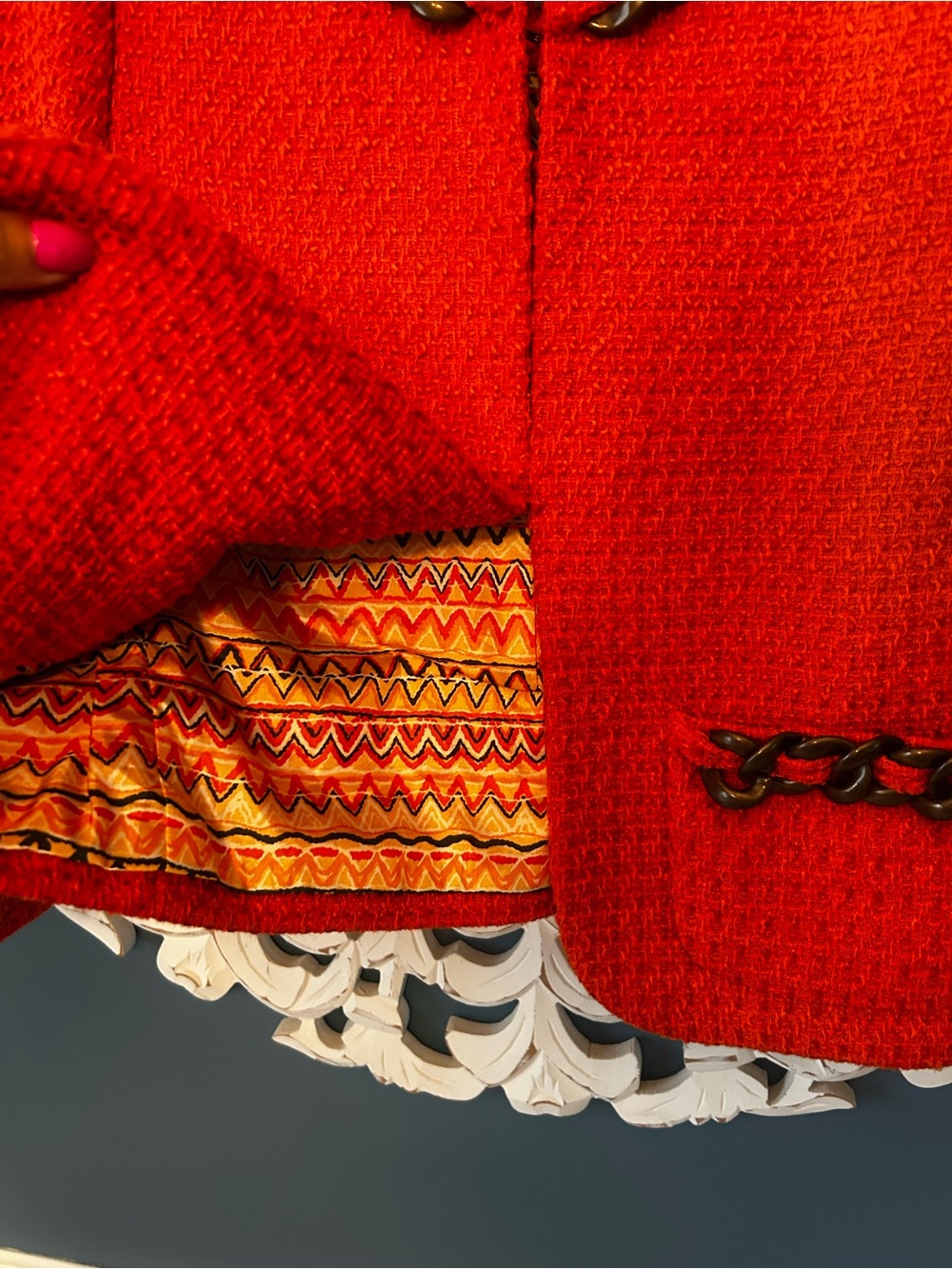 Anthropologie Orange  Tweed Cropped Jacket with Chain Trim - Picture 5 of 6